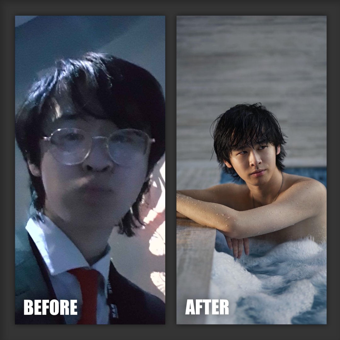 Client before and after, dark selfie to editorial pool portrait