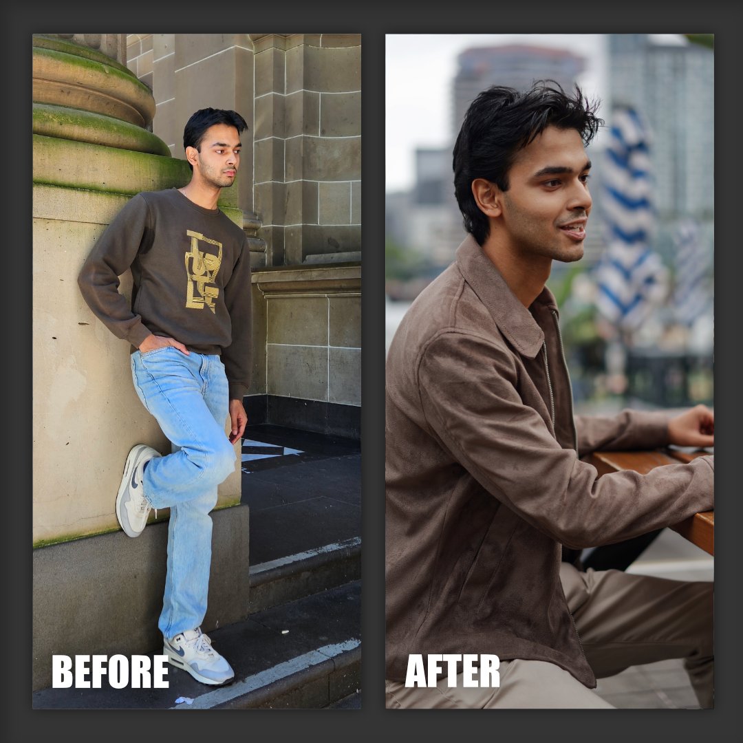 Client before and after, stiff street shot to relaxed suede jacket portrait
