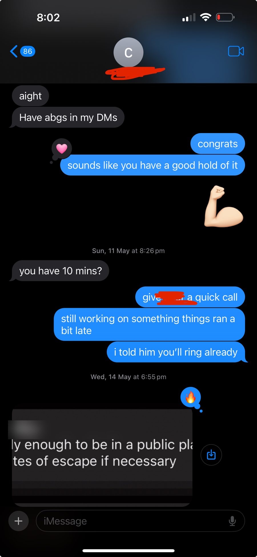 Client iMessage thread, contact redacted