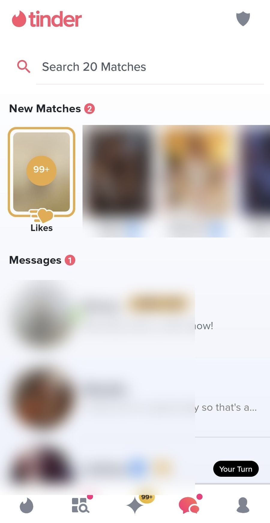Tinder match list, all names and faces blurred
